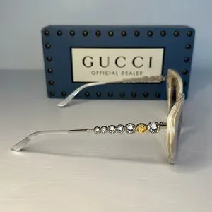 ?- New-Gucci Silver White ivory 0641 Crystal Cat Eye Runway Gg0641 Sunglass… Gucci | Accessories | Newgucci Silver White Ivory 64 Crystal  main image 3